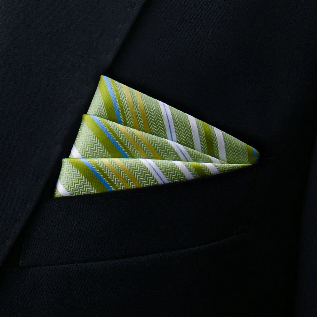 Vibrant Green Pocket Square with yellow, blue, white stripes, herringbone texture