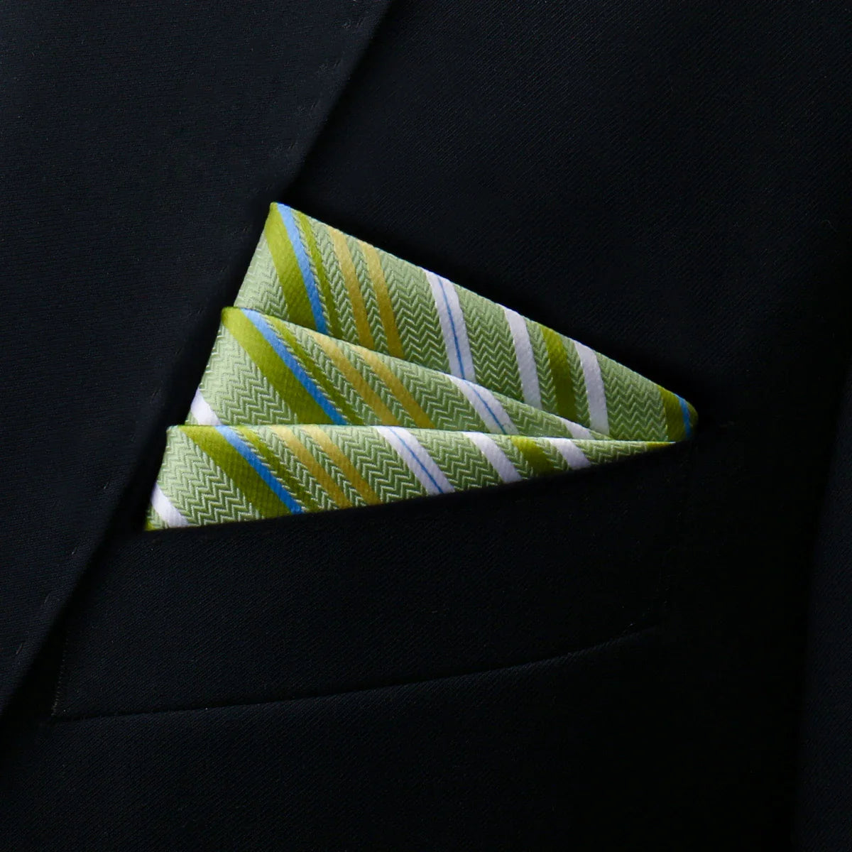 Vibrant Green Pocket Square with yellow, blue, white stripes, herringbone texture