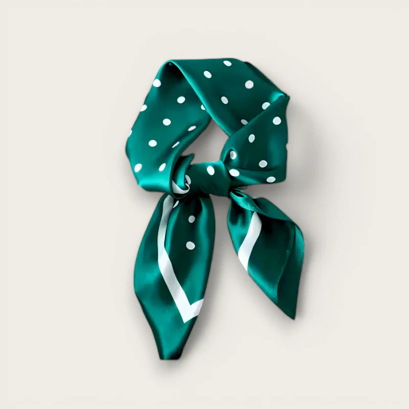 Green polka dot satin scarf with white V-stripe, elegant knot