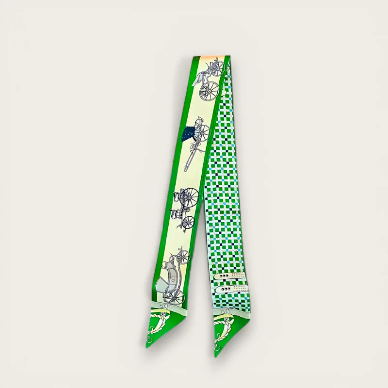 Green Purse Scarf: vibrant green silk with vintage carriages pattern