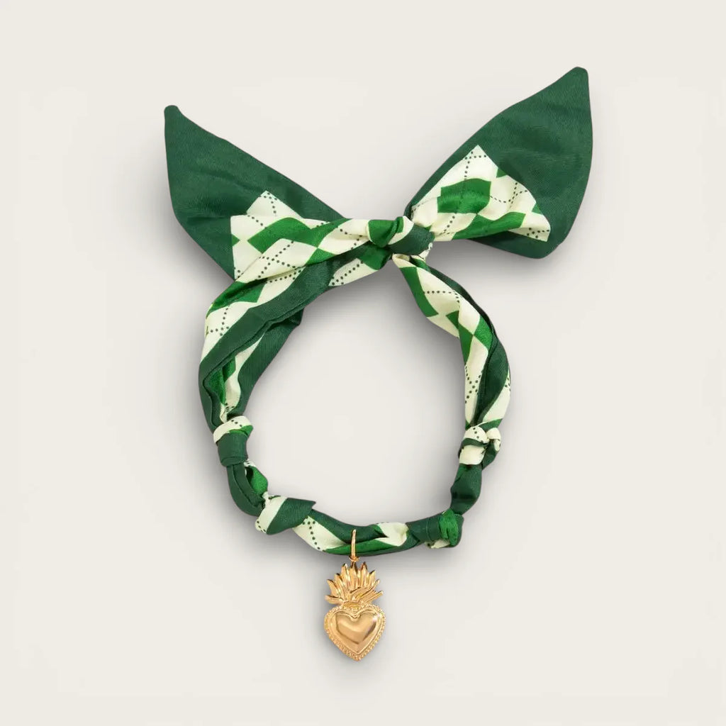 Green and white argyle silk scarf necklace with gold heart pendant bow