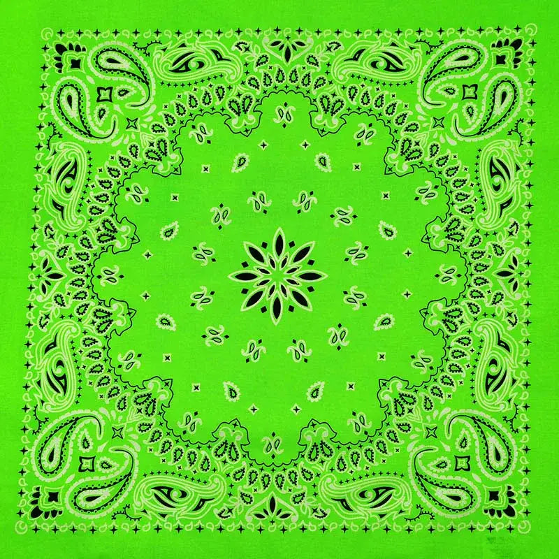 Vibrant lime green silk bandana with black paisley floral patterns
