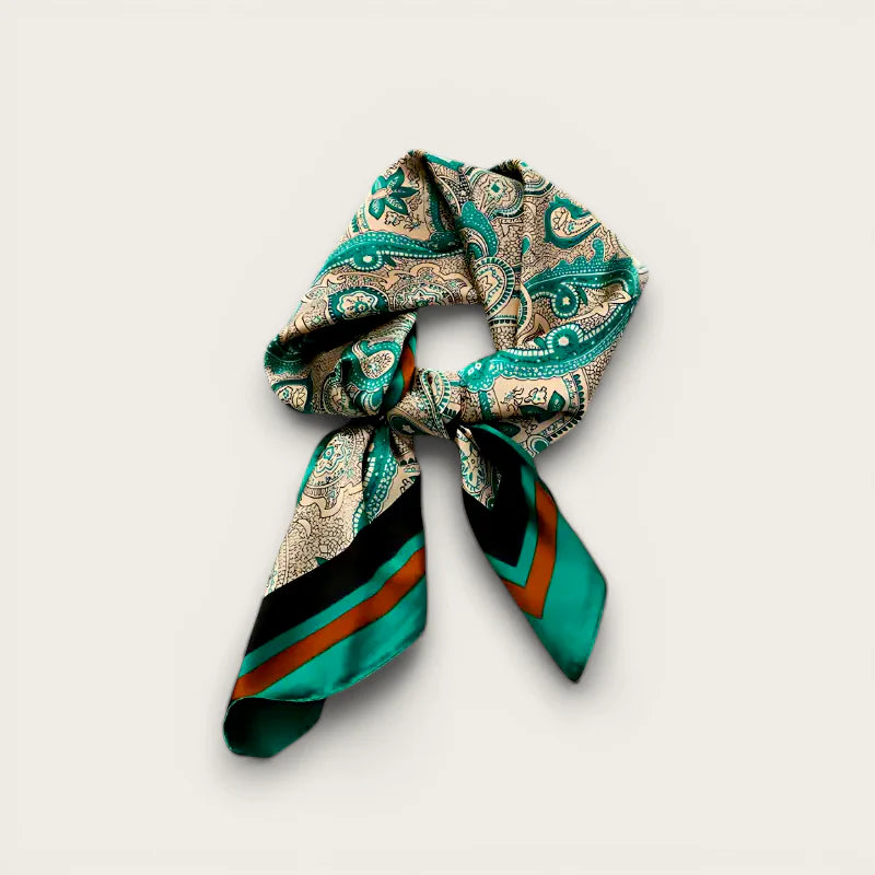 Green silk scarf as teal beige paisley scrunchie with striped ends
