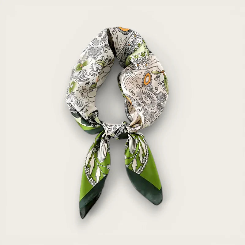 Green square scarf: delicate green and white floral silk with jeweled knot edges