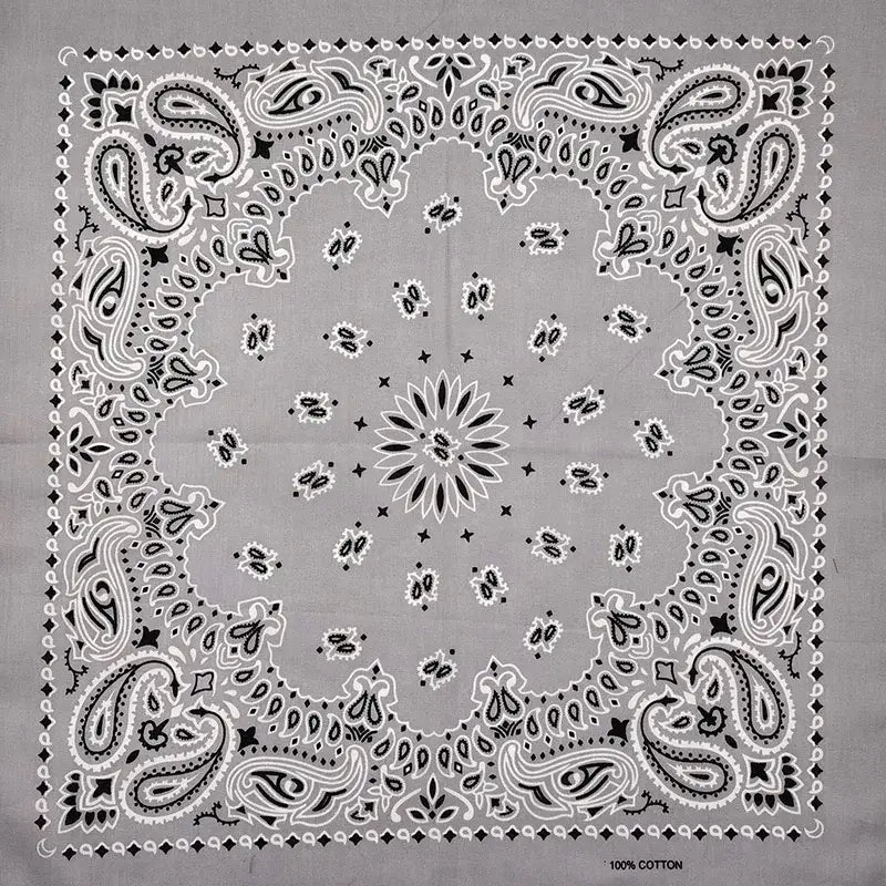 Grey bandana scarf with black white paisley pattern floral center
