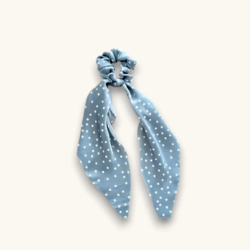 Light blue polka dot satin scrunchie with ribbon tail by Grey Bow Scrunchie