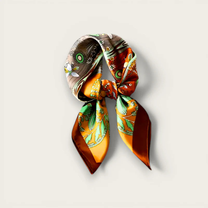 Grey Orange Silk Scarf with vibrant orange, brown, green floral leaf patterns