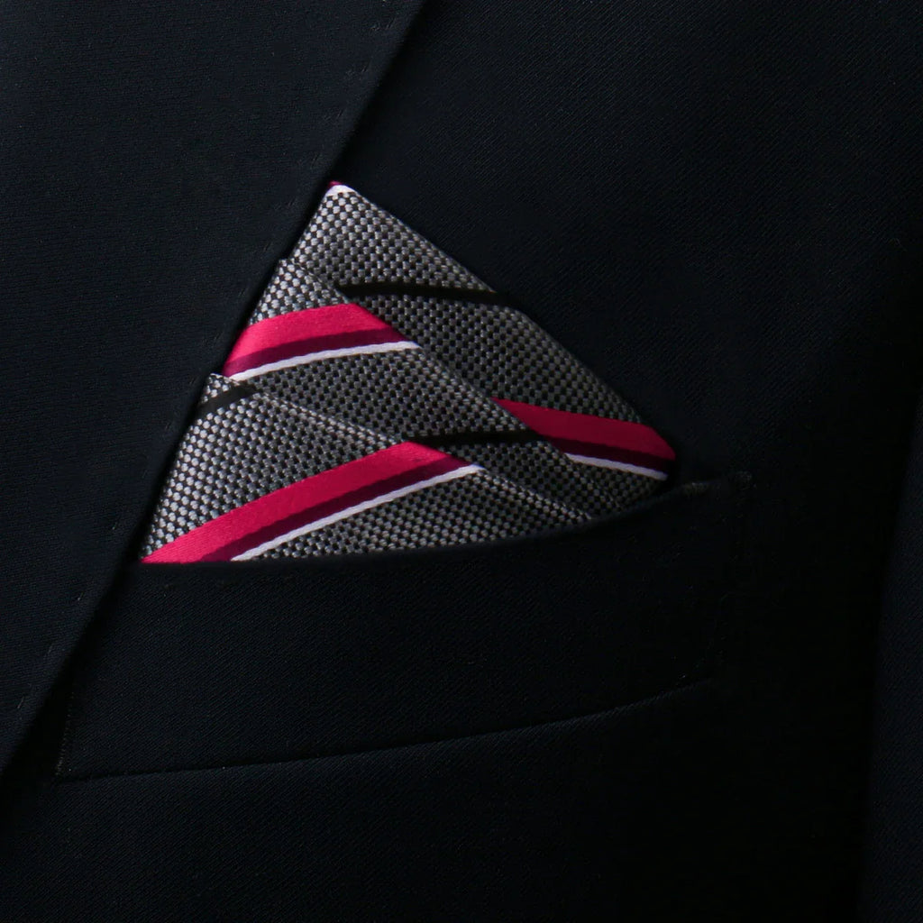 Sleek grey pocket square with bold magenta white diagonal stripes
