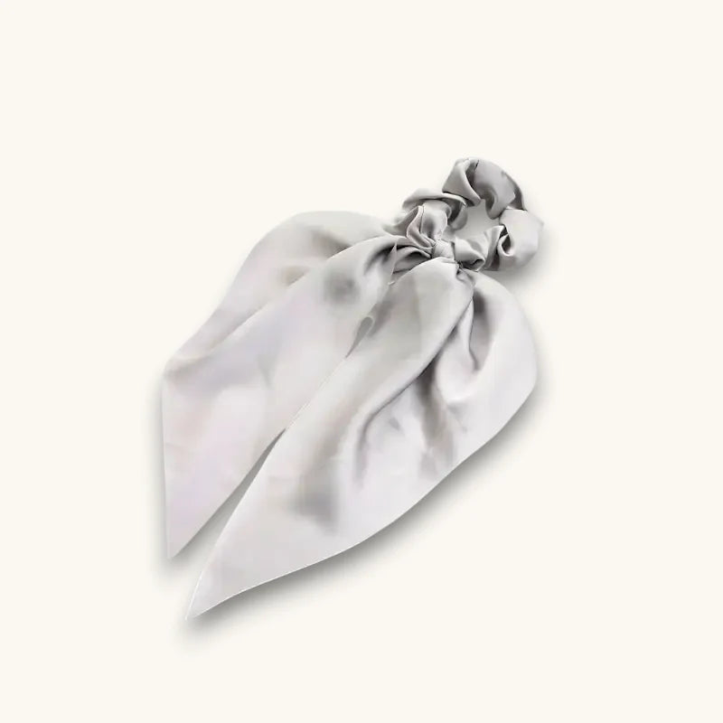 Sleek silver satin Grey Scarf Scrunchie with flowing ribbon tail