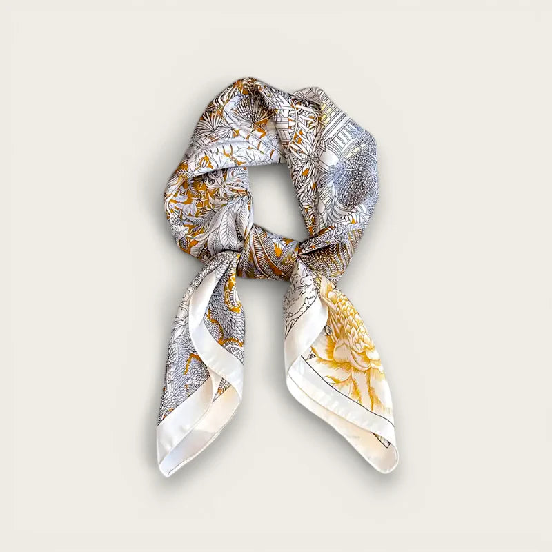 Luxurious silver gold silk Grey Silk Scarf with botanical designs