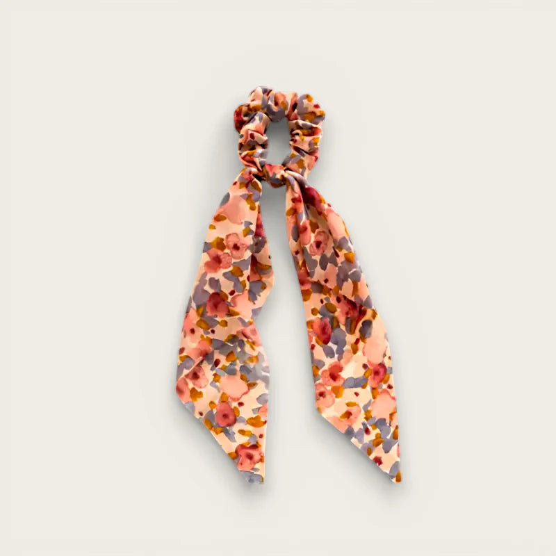 Delicate peach floral scrunchie with ribbon bow - Hair Scarf Scrunchie