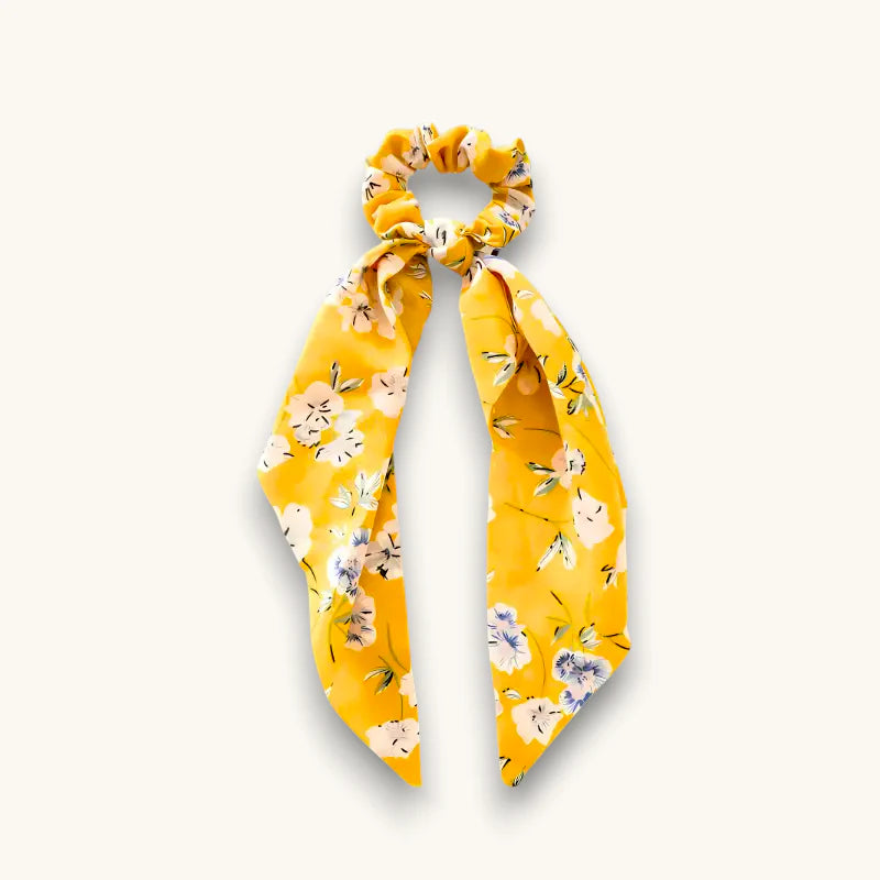 Vibrant yellow floral scrunchie hairband scarf with tied ribbon tail