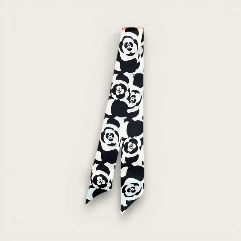 Sleek black white floral silk Handbag Scarf with Chanel-inspired design