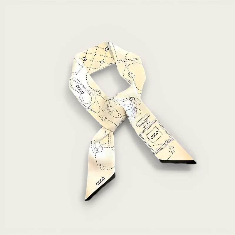 Cream-colored silk Handle Bag Scarf with black line art and coco branding