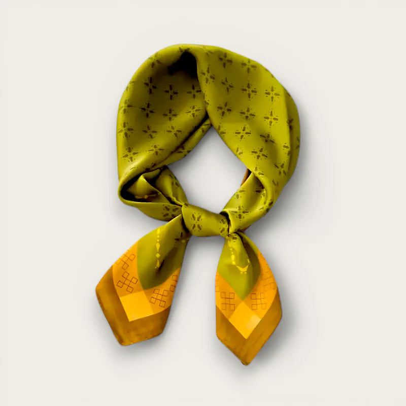 Handmade silk scarf in vibrant olive green with geometric pattern knot