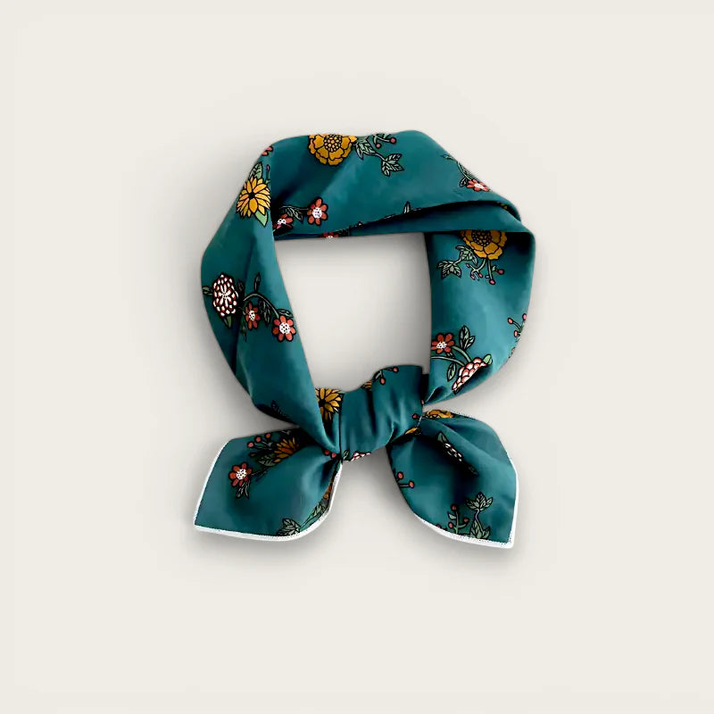 Teal floral silk scarf with white-trimmed knot on Head Cotton Scarf