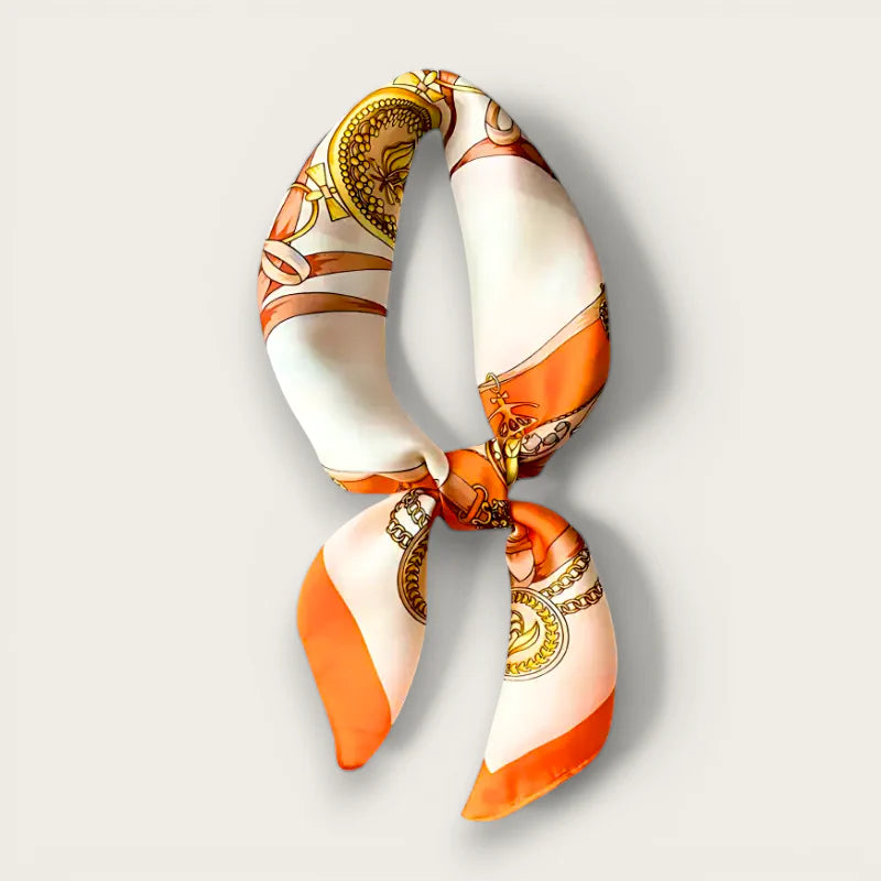 Vibrant orange and cream Head Scarf Orange silk scarf with gold-embossed chains and medallions