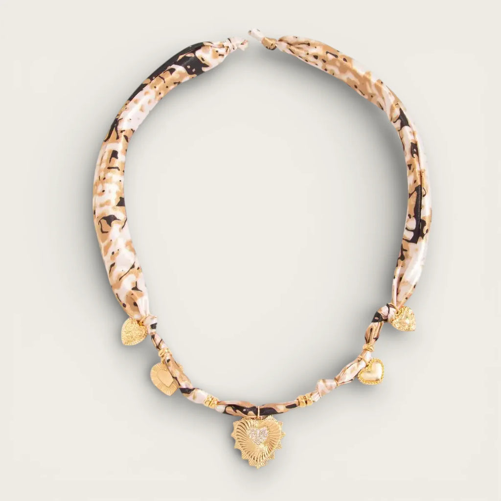 Heart Scarf Necklace with gold snake-print band and heart charms