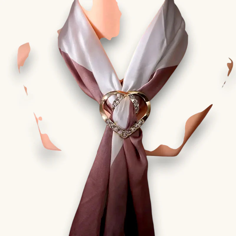 Elegant lavender burgundy silk Heart Scarf Ring with gold heart brooch