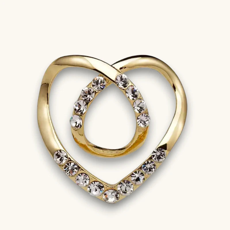 Gold heart brooch with double-loop rhinestone design, Heart Scarf Ring
