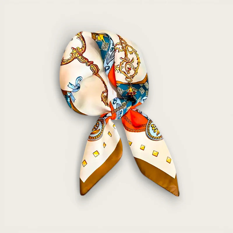 Hippie hair scarf: luxurious cream silk with gold blue orange baroque patterns