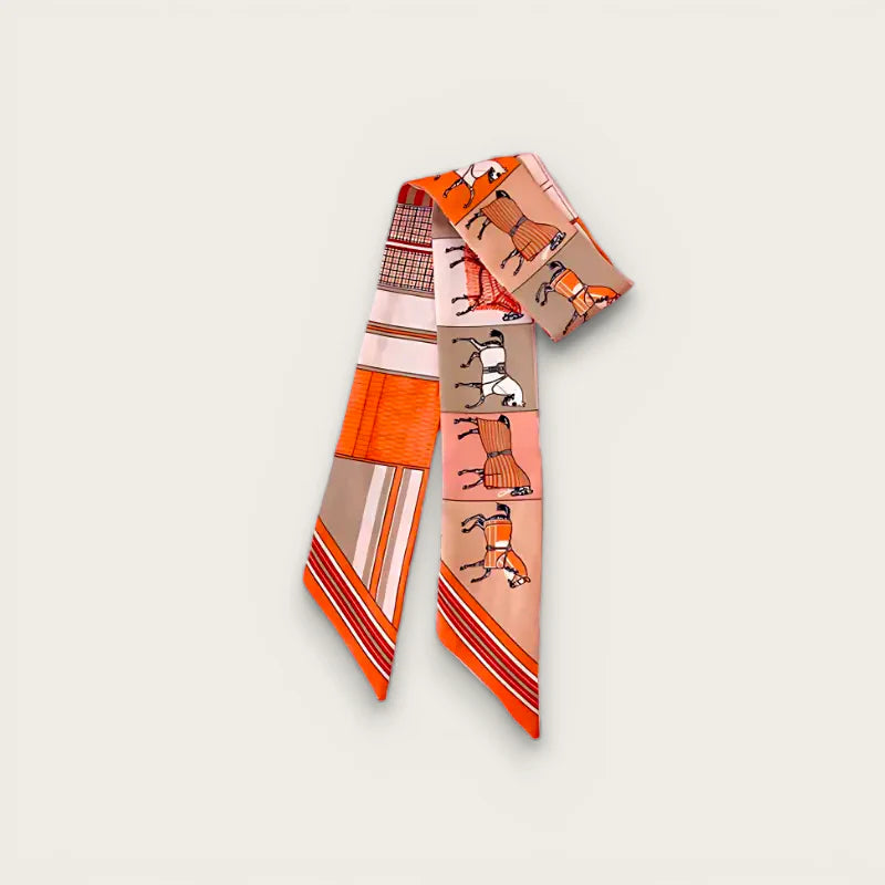 Horse Bag Scarf: orange beige silk with stylized horses and geometric stripes