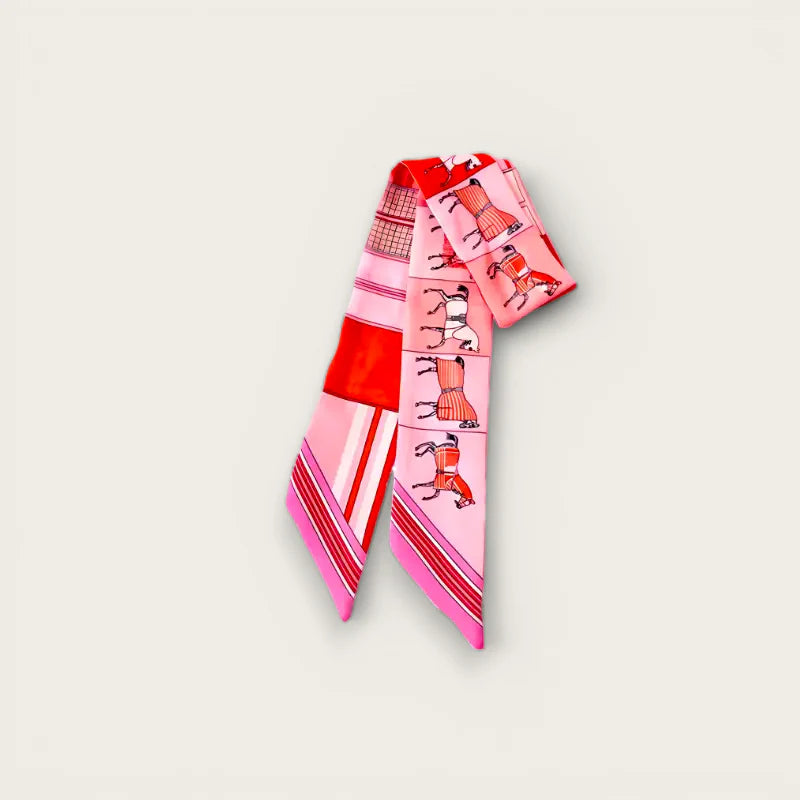 Horse Bag Scarf: pink red silk with playful athletic figures and stripes