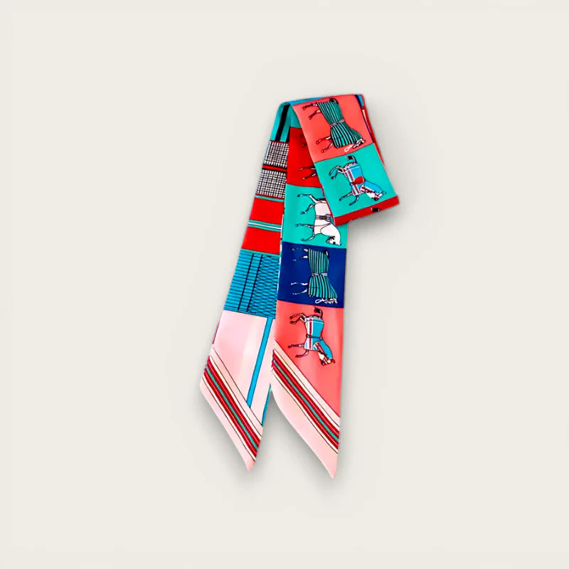 Vibrant Horse Bag Scarf with multicolored stylized figures in red, teal, blue, pink