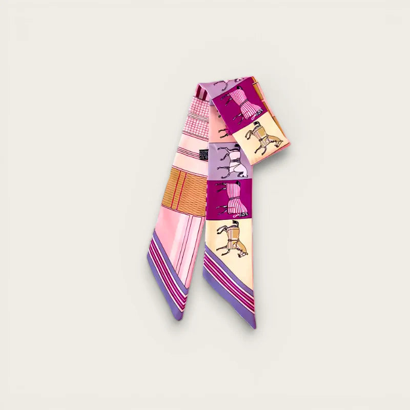 Vibrant Horse Bag Scarf: pink purple silk with horses, dresses, geometric patterns