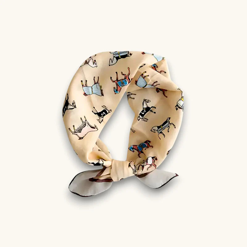 Beige silk Horse Print Cotton Scarf with colorful cartoon horses