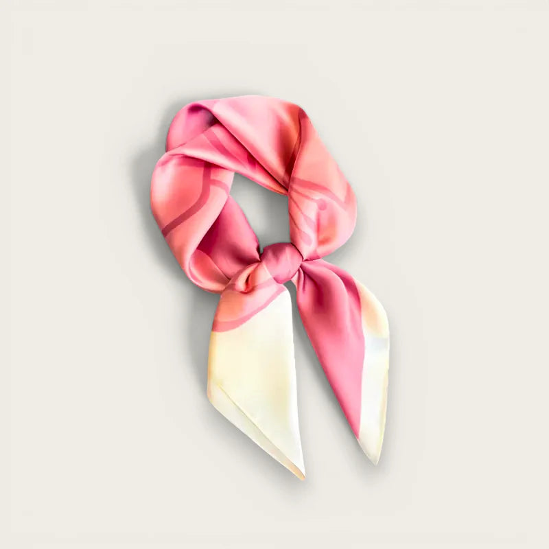 Hot pink silk scarf in soft pink and cream gradient tied in neat knot