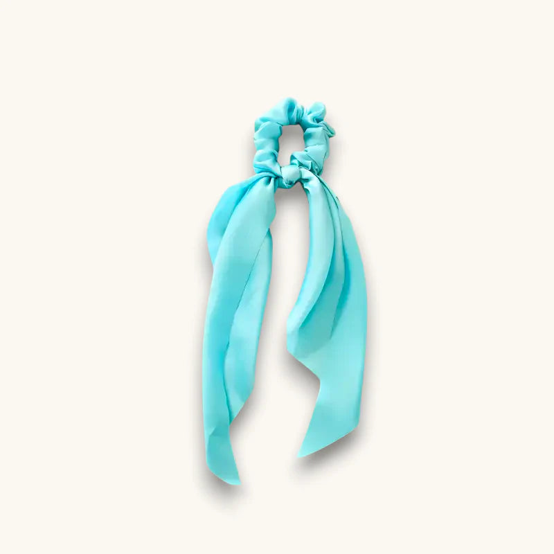 Indigo Scarf Scrunchie in turquoise satin with flowing ribbon tail