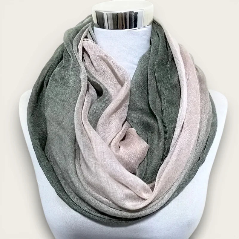 Infinity Loop Scarf in muted sage green and dusty rose gradient