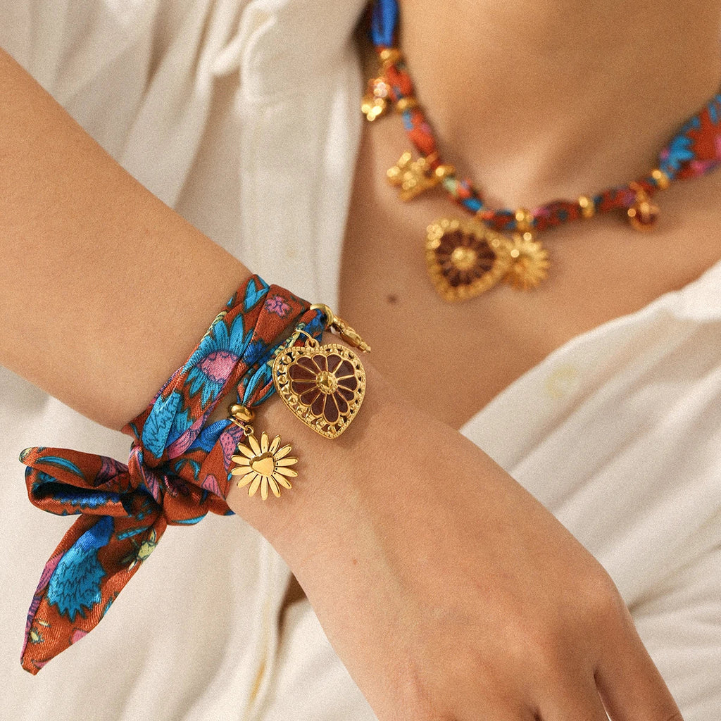 Vibrant floral silk Jewelry Scarf Necklace as wristband with gold heart sunflower charms