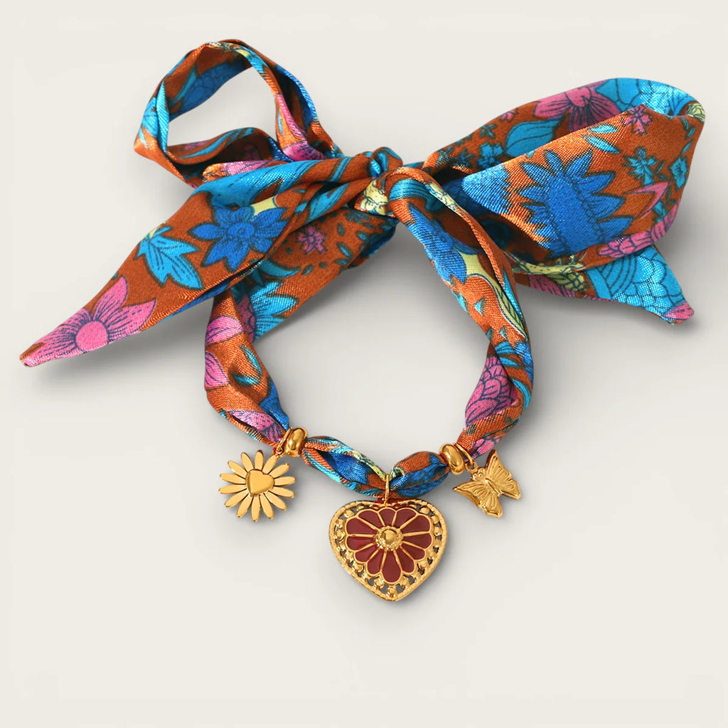 Vibrant orange blue floral silk Jewelry Scarf Necklace bow with gold heart charm