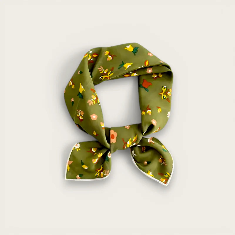 Khaki cotton scarf in olive green silk with yellow pink orange floral pattern