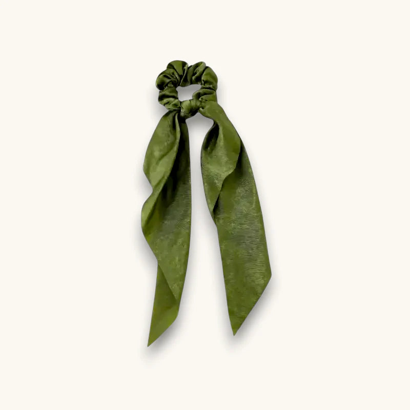 Khaki scarf scrunchie in olive green satin with soft flowing design