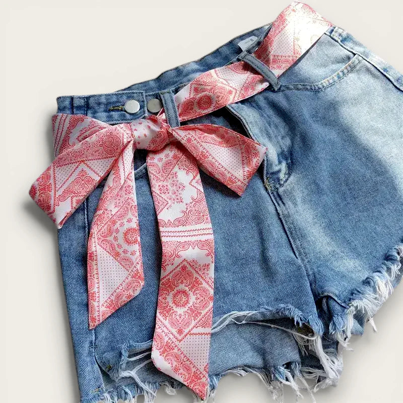 Pink and white paisley silk Lace Scarf Belt bow tied at denim shorts waist