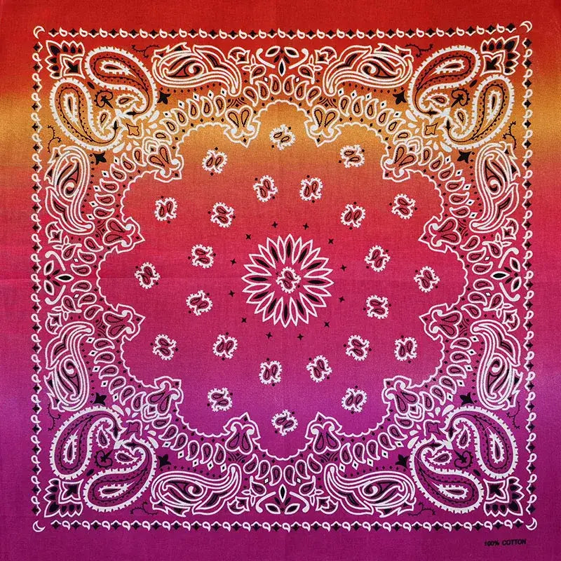 Ladies bandana scarf with vibrant red-orange-pink-purple paisley gradient