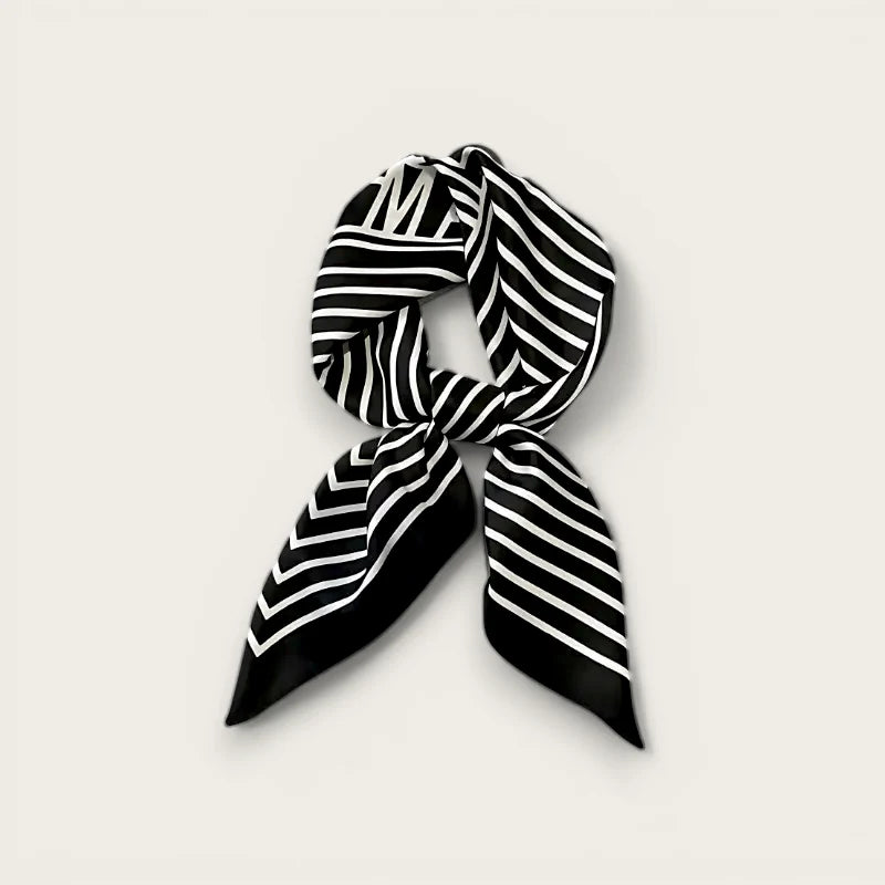 Ladies black and white striped silk scarf with elegant knot