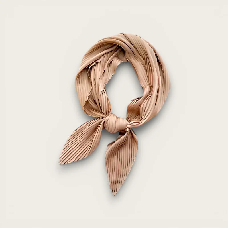 Ladies hair scarf: soft beige pleated silk with leaf-shaped ends in neat knot
