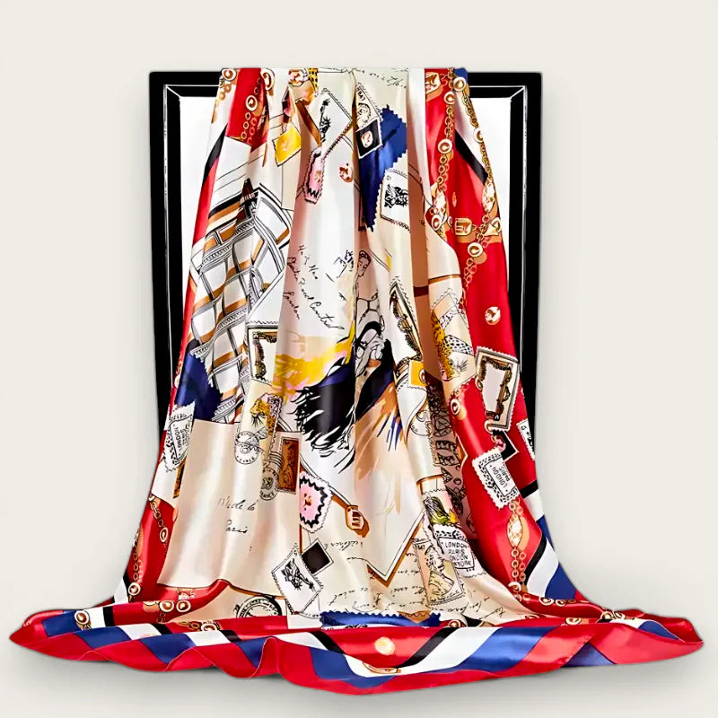 Large 90x90 scarf with vibrant stamps, postcards, script collage on silk