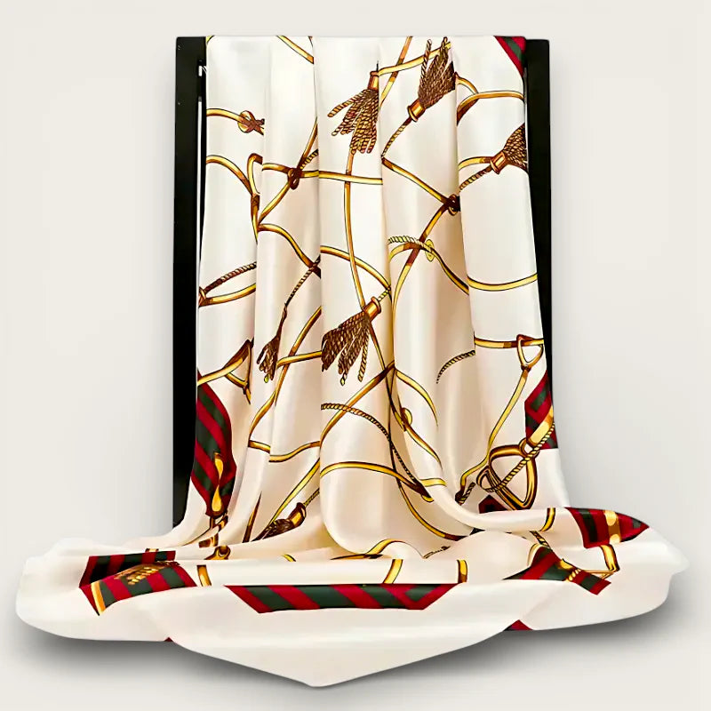 Large beige satin scarf with ivory silk, gold horse tack pattern, red-green stripes