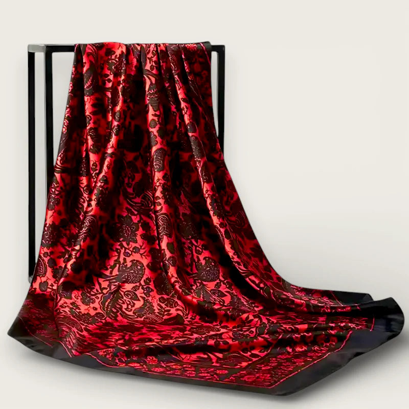 Large Black Red Scarf: luxurious red black floral silk on metal stand