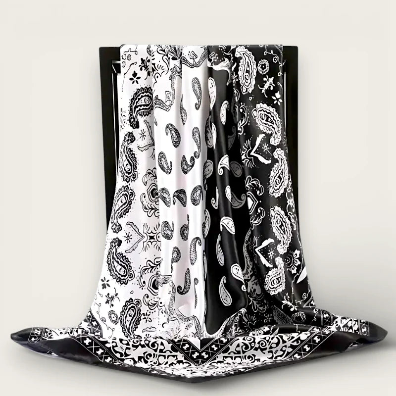 Large black paisley silk scarf with intricate floral motifs