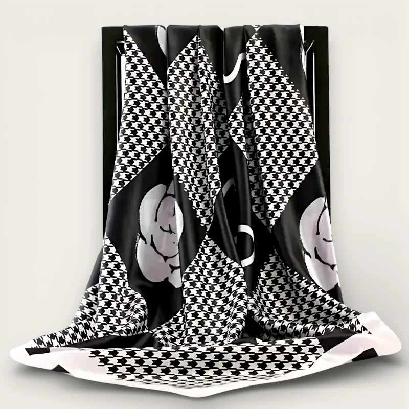 Large black white houndstooth silk scarf with gray cartoon roses