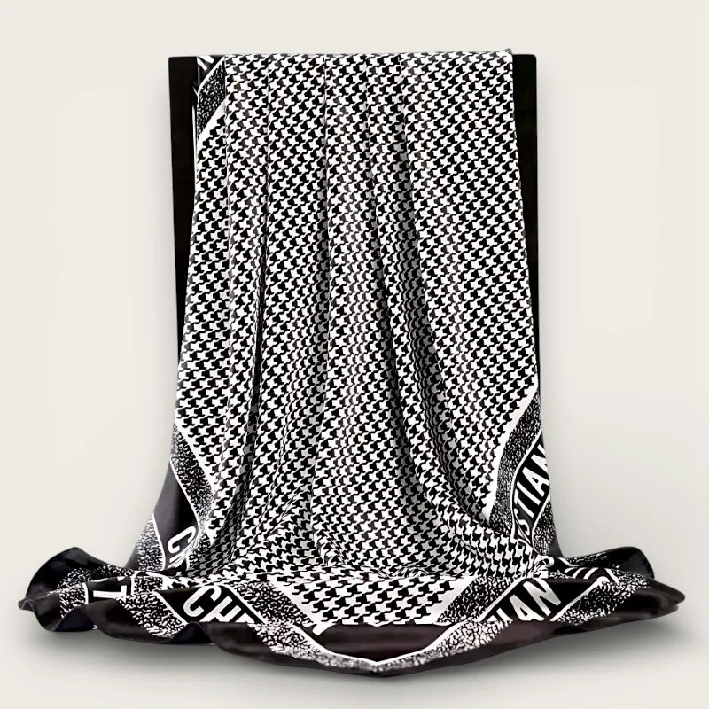 Large black white silk scarf with houndstooth pattern and Christian Dior lettering