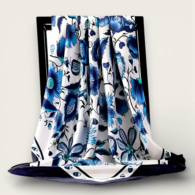 Large blue and white silk scarf with floral butterfly patterns