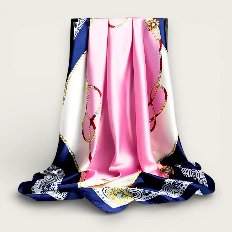 Large Blue Pink Scarf with pink navy silk paisley rope gold patterns