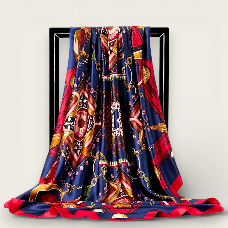 Large Blue Red Scarf with gold chains, gears and floral motifs